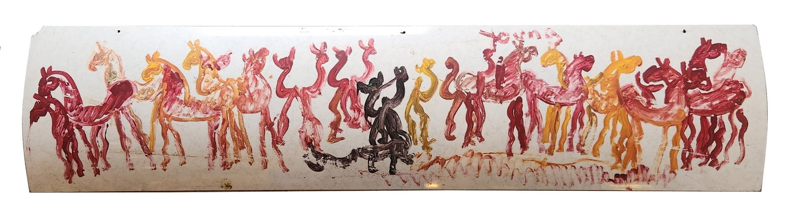 Purvis Young (1943 - 2010) American: Purvis Young (1943 - 2010) American Oil on Found Material Measure 11"in H x 48"in W Known for: Mod naive urban views, installation Name variants: Pervis Young Biography: The work of the urban black ve