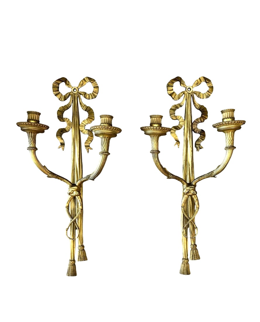 Pair of French 20th Century Gilt Bronze Wall Sconces: Pair of French 20th Century Gilt Bronze Wall Sconces Measure 23 1/2"in H x 12"in W x 6 1/2"in D
