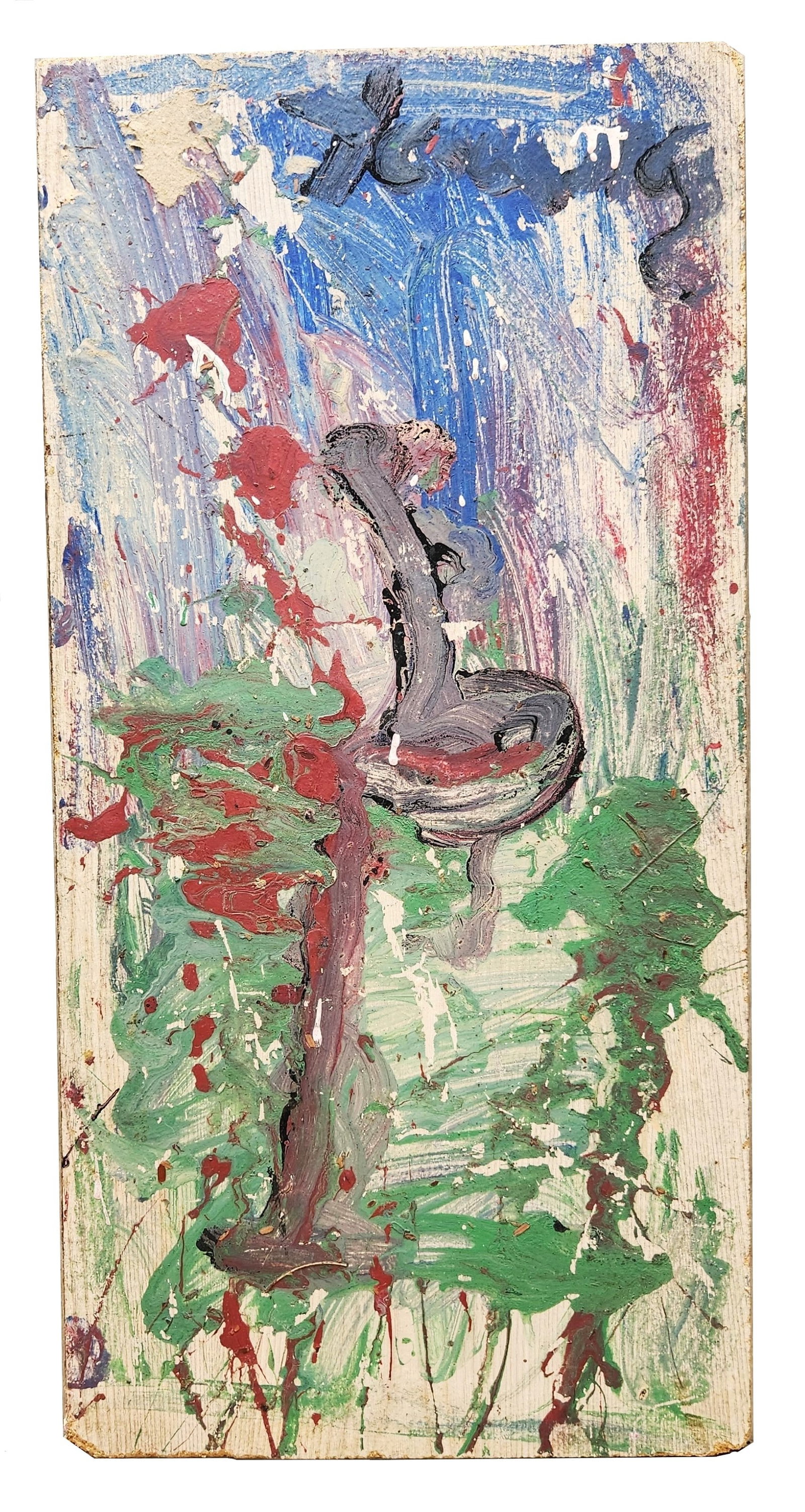 Purvis Young (1943 - 2010) American: Purvis Young (1943 - 2010) American Oil on Found Material Measure 25 1/2"in H x 12 3/4"in W Known for: Mod naive urban views, installation Name variants: Pervis Young Biography: The wor