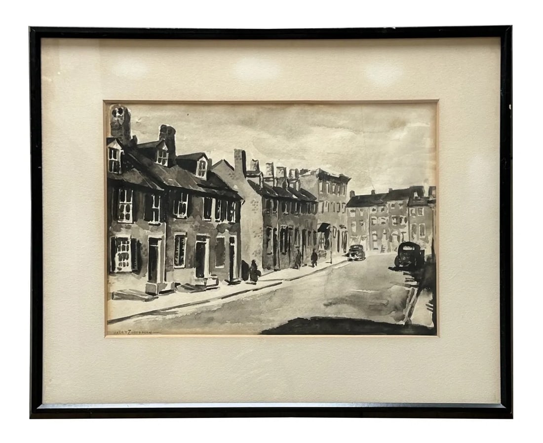 Harry Zee Hoffman (1908 - 1990) American: Harry Zee Hoffman (1908 - 1990) American Watercolor and Ink on Paper Measure 10"in H x 14 1/2"in W and 17"in H x 21"in W with frame Known for: Portrait, sreetscene, parks