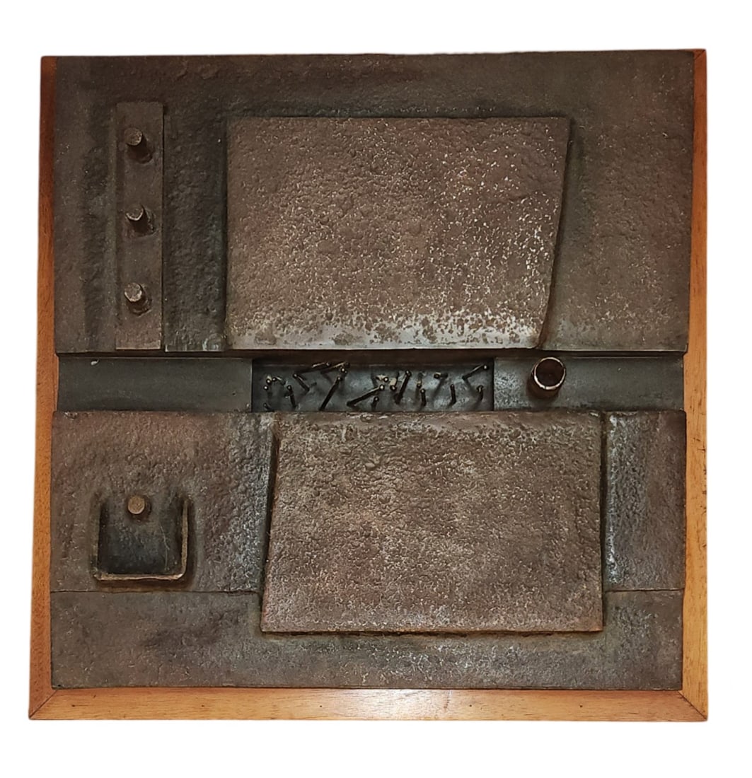 Enrique Gay Garcia (Born 1928) Cuban: Enrique Gay Garcia (Born 1928) Cuban Metal Sculpture Measure 22"in H x 22"in W x 3 1/2"in D with Frame Biography: A painter and sculptor, Gay Garcia's work was selected for the VI and VII Sao Paolo bi