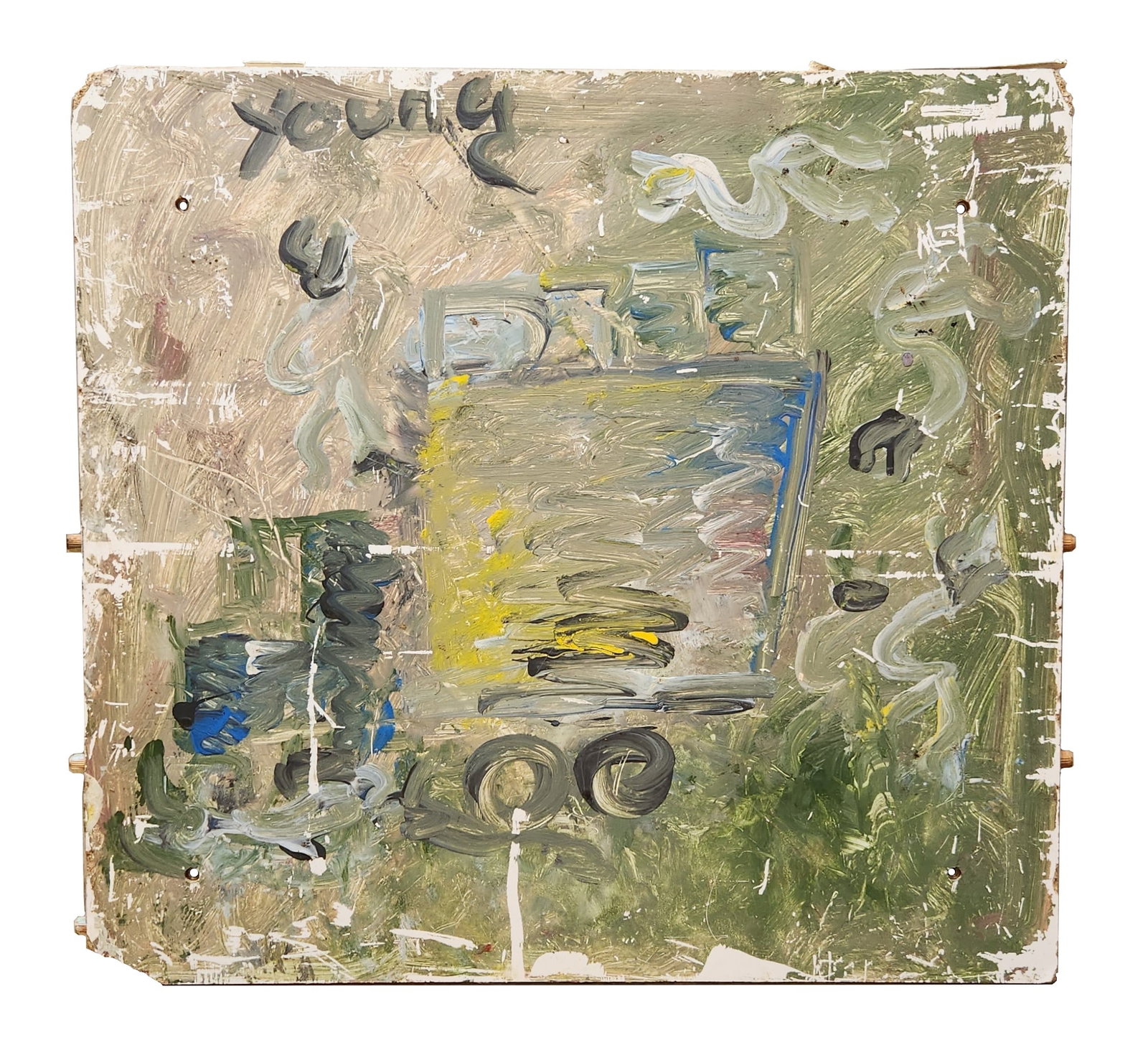 Purvis Young (1943 - 2010) American: Purvis Young (1943 - 2010) American Oil on Wood - Found Material Measure 20 3/4"in H x 22 1/2"in W Known for: Mod naive urban views, installation Name variants: Pervis Young Biography: The work o