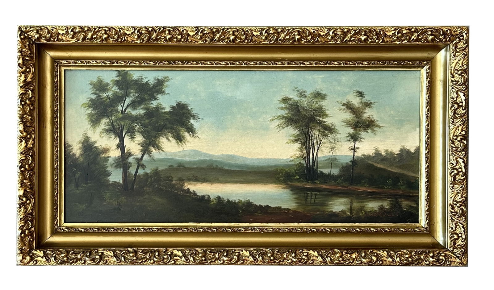 Samuel Colman (1832 - 1920) American: Samuel Colman (1832 - 1920) American Oil on Board Measure 8 1/2"in H x 18 1/2"in W and 11 1/2"in H x 21 3/4"in W with frame Known for: Landscape, animal, genre and botanical painting Name variants: Sa