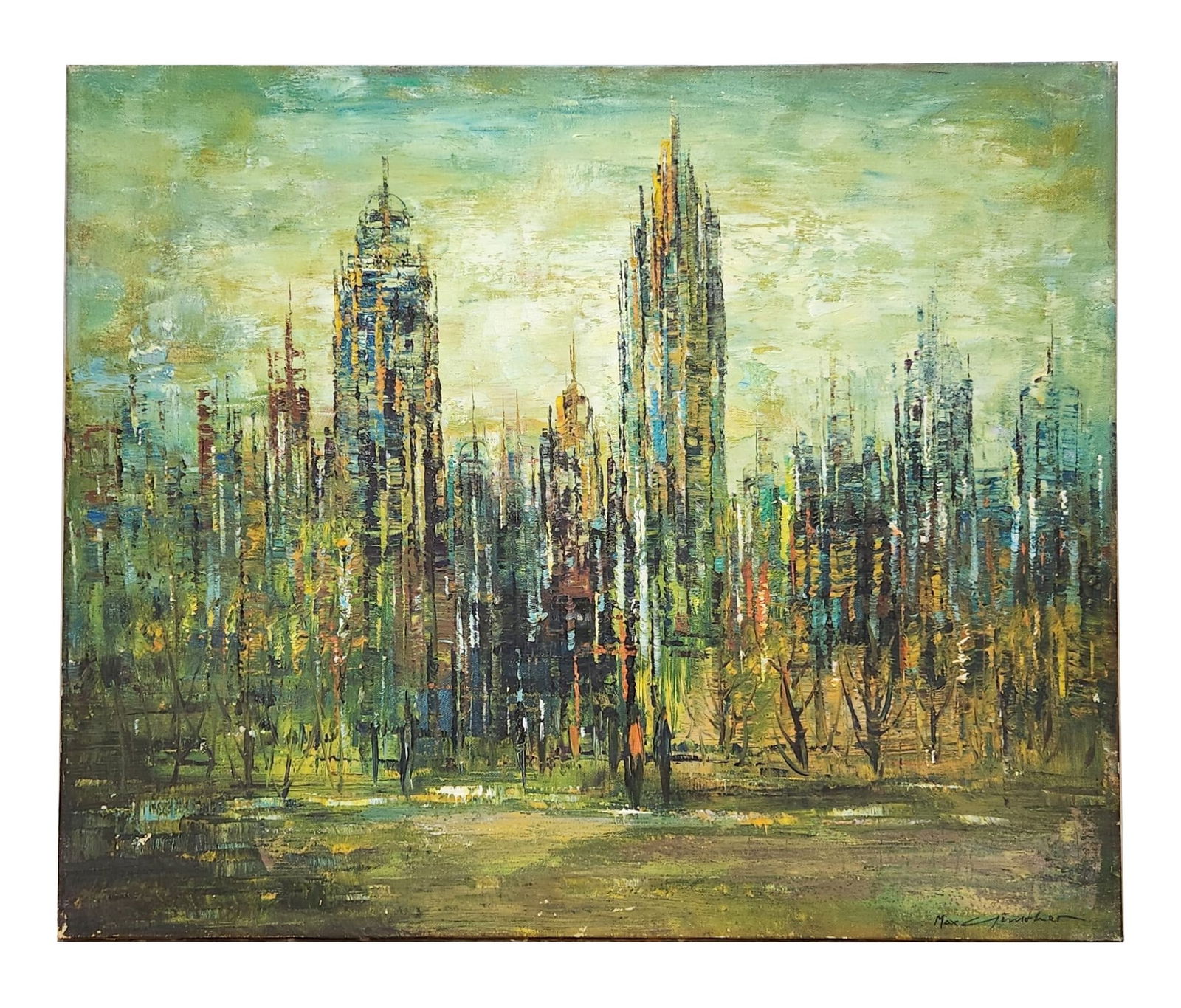 Max Gunther (1934 - 1974) Switzerland: Max Gunther (1934 - 1974) Switzerland Oil on Canvas Measure 20"in H x 24"in W not framed Known for: Abstract cityscape painting, lithographs Biography: Born in Zurich in 1934, he studied in his hometo