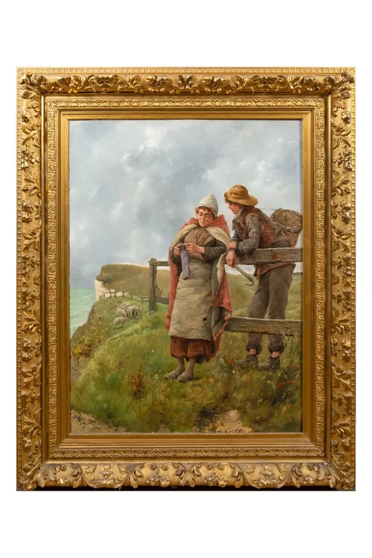 Georges Jean Marie Haquette (1854 - 1906) France: Georges Jean Marie Haquette (1854 - 1906) France Title: Flirtation Oil on Canvas Measure 47 3/4"in H x 35 1/2"in W and 63"in H x 51"in W framed Known for: Impressionist paintings Biography