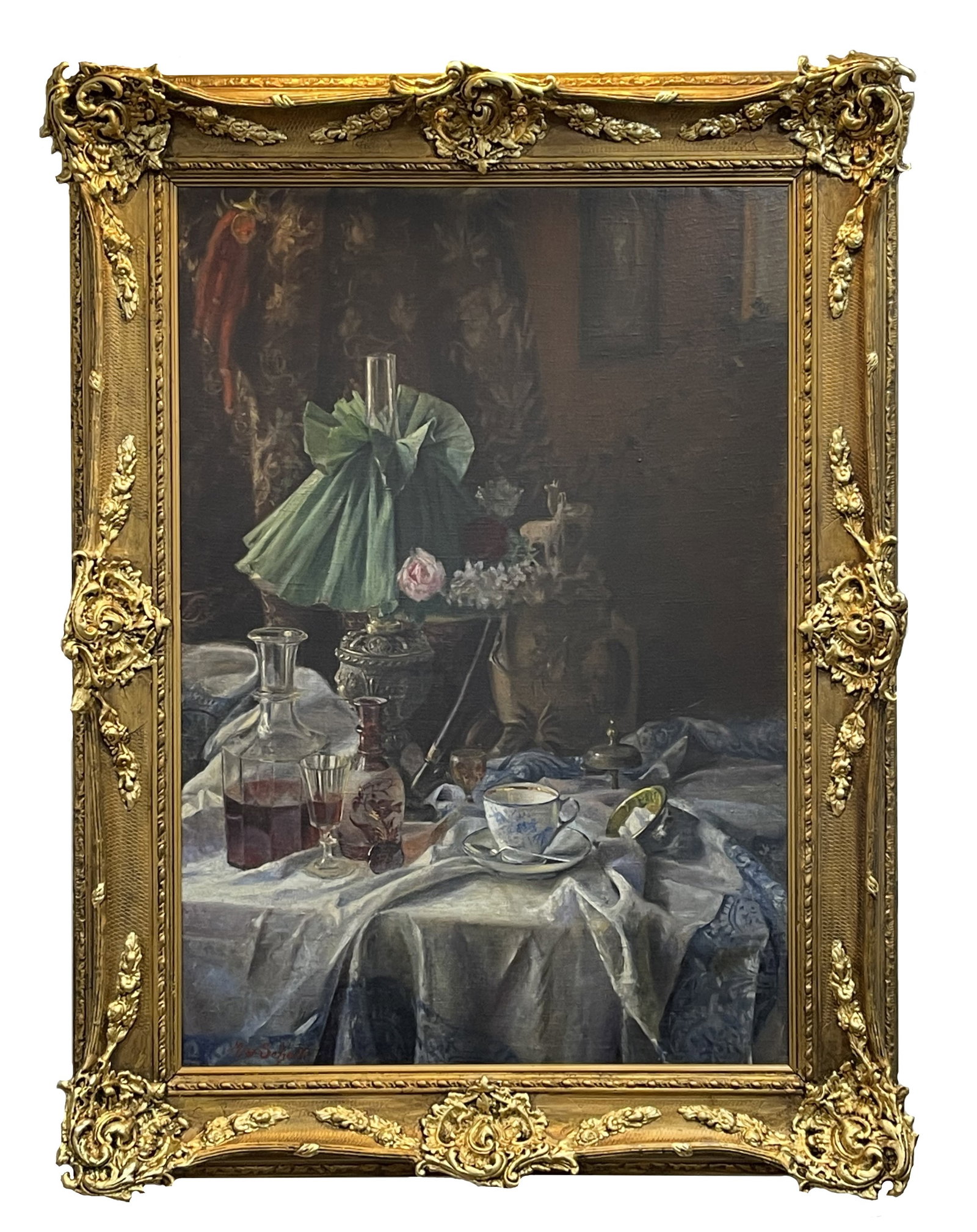Max Schodl (1834 - 1921) Austria: Max Schodl (1834 - 1921) Austria Oil on Canvas Theme: Tabletop Still Life Measure 38 1/2"in H x 26 1/2"in W and 48"in H x 36"in W x 4 1/4"in D with frame.