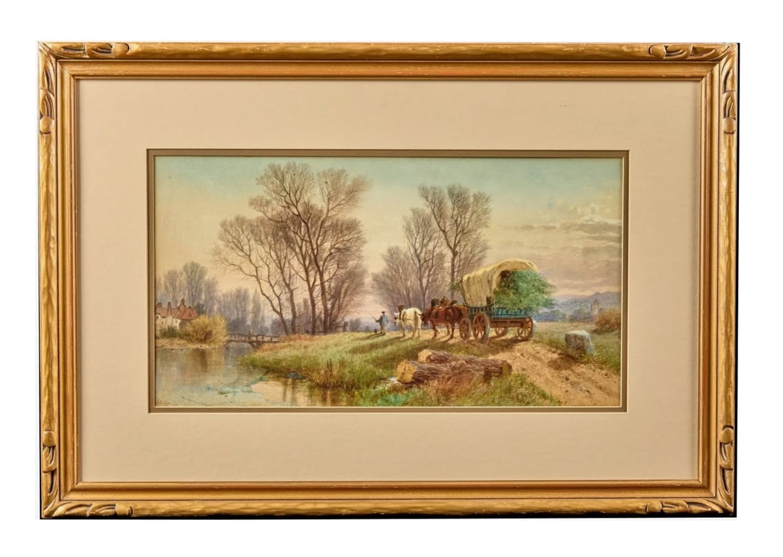 Albert Fitch Bellows (1829 - 1883) American: Albert Fitch Bellows (1829 - 1883) American Title: The Covered Wagon Watercolor on Paper Measure 10"in H x 18 3/4"in W and 19"in H x 28"in W framed Known for: Genre, bucolic landscape and still life p