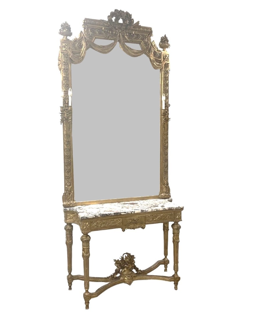 Neoclassical Italian Hand Carved Marble Top Console with Mirror (1 of 6)