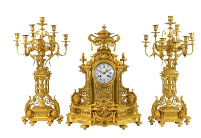 19th Century Large French Gilt Bronze Clock Set