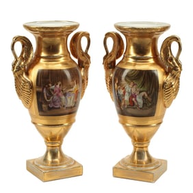Pair of Gilt Finish KPM Style Porcelain Vases