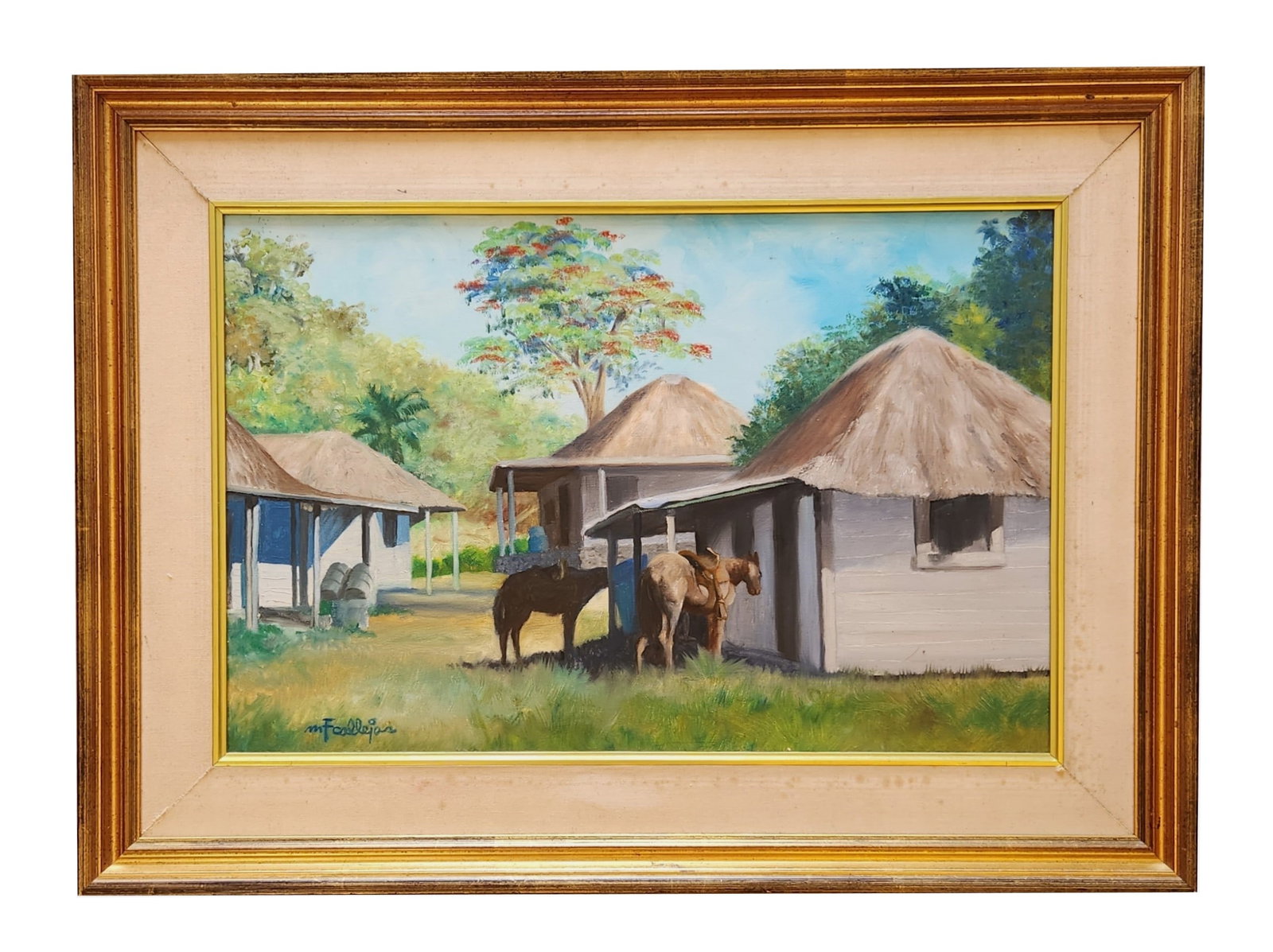 Contemporary Possible Cuban Village Signed by Miguel F. Callejas: Contemporary Possible Cuban Village Signed by Miguel F. Callejas Oil on Canvas Title: Bohios and Horses Mystery Artist - Unkniwn Measure 12 3/4"in H x 20 1/2"in W and 23"in H x 31"in W with frame