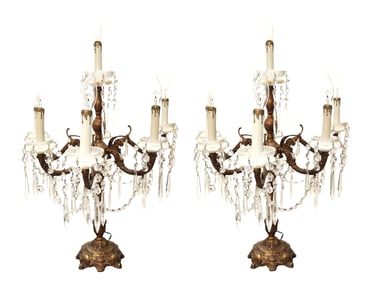 Pair of Antiques English Style Metal and Crystal 7- Lights Girandoles - Table Lamps