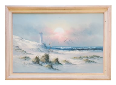 Vintage Impressionist Signed Admason Lighthouse Beach Scene Oil Painting