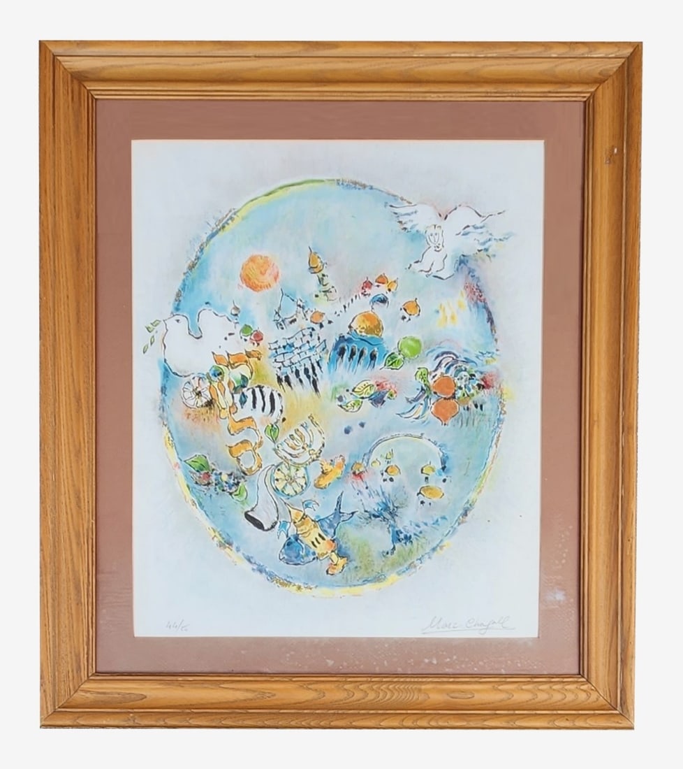 Marc (Moishe Shagal) Chagall (1887 - 1985) Russian: Marc (Moishe Shagal) Chagall (1887 - 1985) Russian Serigraphy Signed and Numbered 44/50 Measure 22"in H x 18 1/4"in W and 31"in H x 27"in W with frame Known for: Abstract village peasant theme paintin