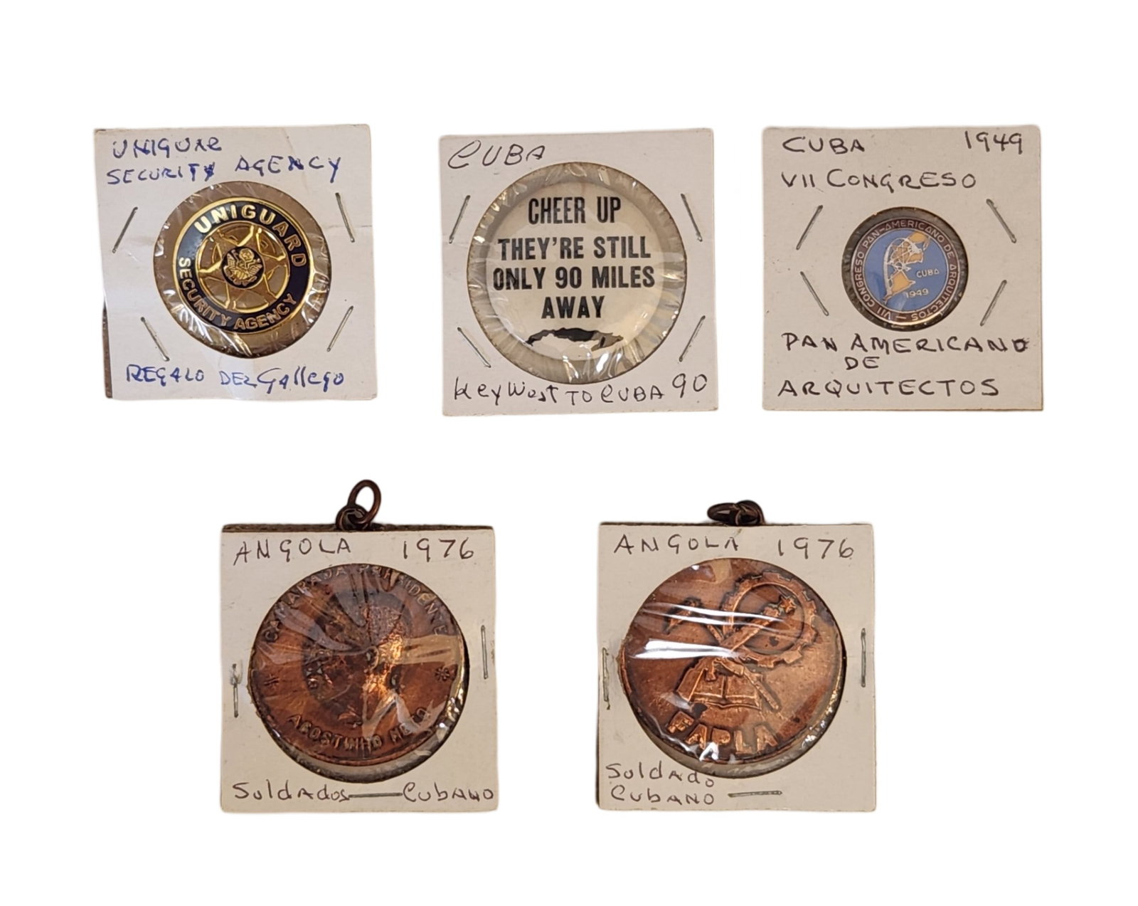 Lot of Cuban Recognition 3 Brooches and 2 Tokens: Lot of Cuban Recognition 3 Brooches and 2 Tokens Smallest Measure 3/4"H x 1"in Diameter Biggest Measure 1 1/2"in Diameter