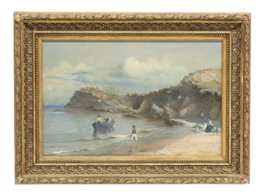 Antique French School Painting Coastline with Fishing Boat and Family