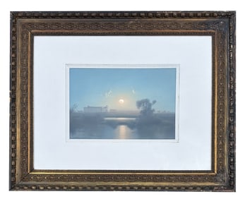 Antique Napoli Lakescape Pastel by F. Romano