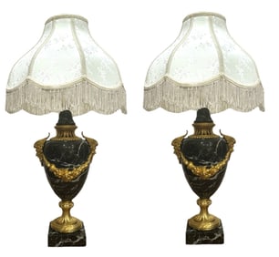 Antique Pair of 19th Century Gilt Bronze and Marble Urn Table Lamps
