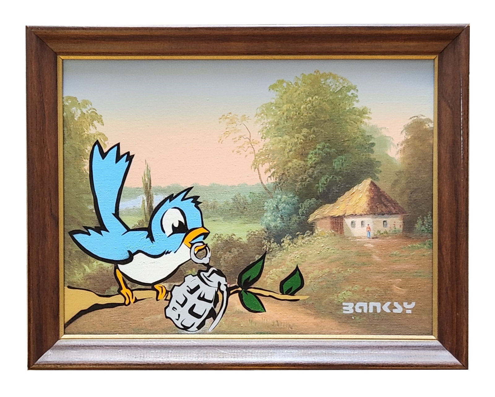 Banksy (Born 1974) England: Banksy (Born 1974) England Title: Bird with Grenade Stencil and Oil on CanvasBoard Written on the back Measure 12"in H x 16"in W and 14 1/4"in H x 18 1/4"in W framed Known for: Graffiti
