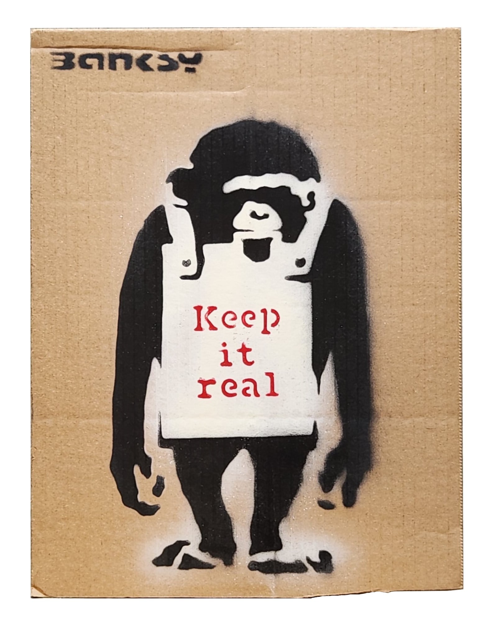 Banksy (Born 1974) England: Banksy (Born 1974) England Title: Keep it Realv Spray Paint on Cartoon Written on the back Measure 15 1/2"in H x 11 3/4"in W not framed Known for: Graffiti art with political themes
