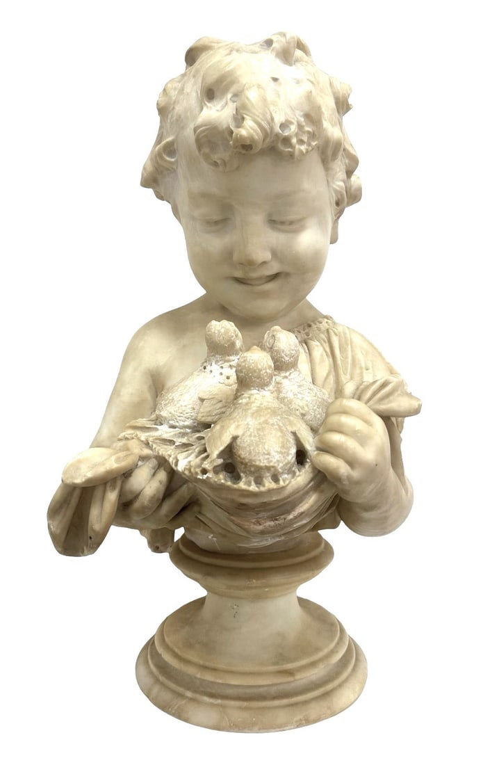 Cesare Lapini (1848 - 1893) Italy: Cesare Lapini (1848 - 1893) Italy Title: Boy with Birds Marble Bust Dated: 1892 Measure 20"in H x 8 1/2"in Diameter Known for: A