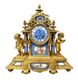 Antique 19th C. French Gilt Bronze and Sevres Porcelain Mantle Clock