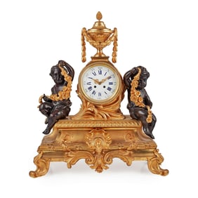 Large French Gilt and Patinated Bronze Mantel Clock