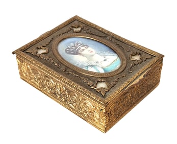 Antique 19th Century French Bronze Jewelry Box with Signed Miniature on Cover