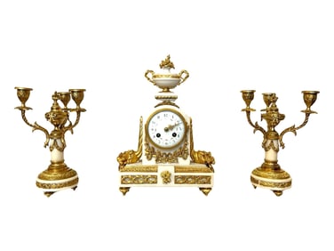 Antique French 19th Century Gilt Bronze Mantle Clock Set
