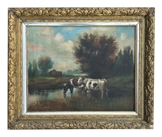 Possible 19th Century Cows in River Landscape Painting