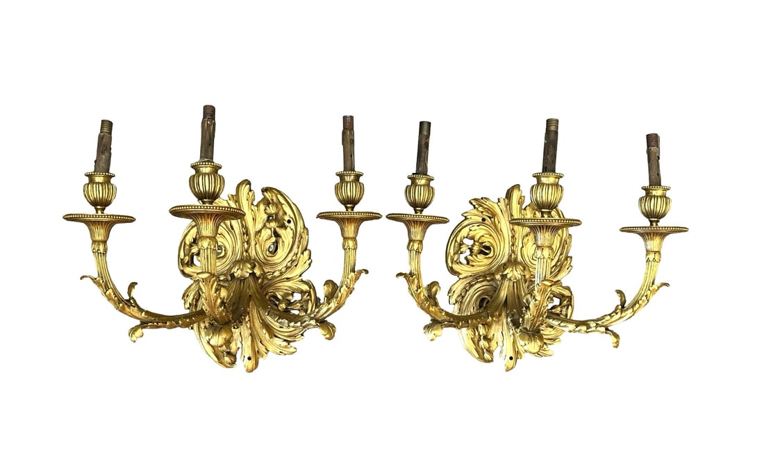 Pair of Antiques French Napoleon III Gilt Bronze Plaque Sconces: Pair of Antiques French Napoleon III Gilt Bronze Plaque Sconces Measure 11"in H x 8"in W (Wall Plaque) and 16"in W x 6 1/2"in D