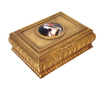 Antique 19-th Century Bronze Jewelry Box with Hand Painted Signed Miniature