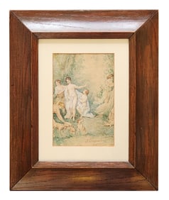 Antique Watercolor of a Nymphs Bathing Illegible Signed