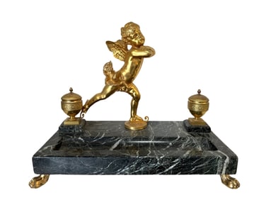 Antique French Louis XV Style Bronze and Marble Inkwell