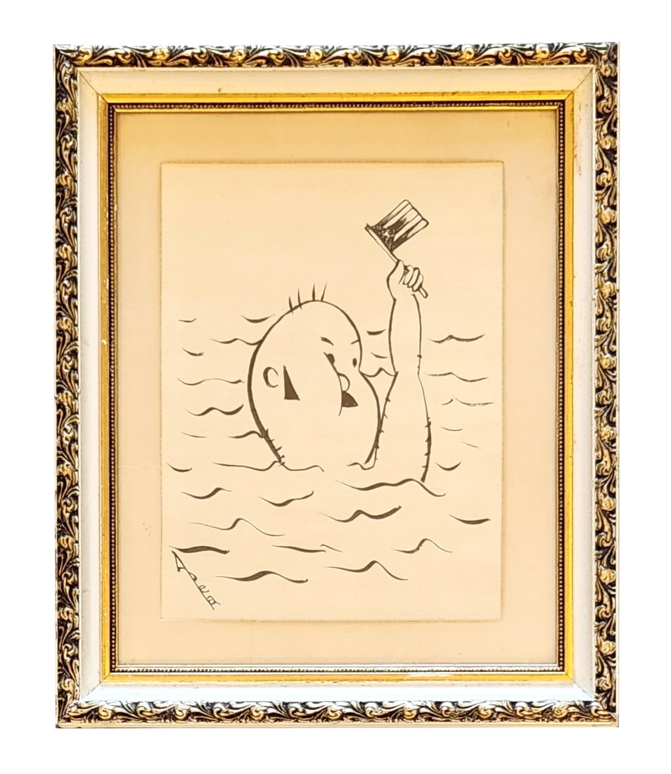 Eduardo Abela (1889 - 1965) Cuba: Eduardo Abela (1889 - 1965) Cuba Ink and Crayon on Paper Measure 8"in H x 6"in W and 11 3/4"in H x 9 3/4"in W with frame Known for: Cartoons, painting of Afro-Cuban pop culture, landscape, fantasy Bio