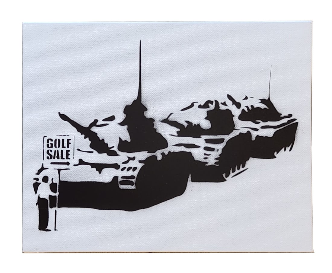 Banksy (Born 1974) England: Banksy (Born 1974) England Title: Golf Sale Spray Paint on Canvasboard Measure 8"in H x 10"in W Known for: Graffiti art with political themes Biography: A prolific British