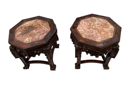 Pair Of Chinese Carved Wood Marble Top Stands