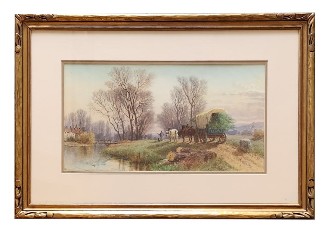 Albert Fitch Bellows (1829 - 1883) American: Albert Fitch Bellows (1829 - 1883) American Title: The Covered Wagon Watercolor on Paper Measure 10"in H x 18 3/4"in W and 19"in H x 28"in W framed Known for: Genre, bucolic la