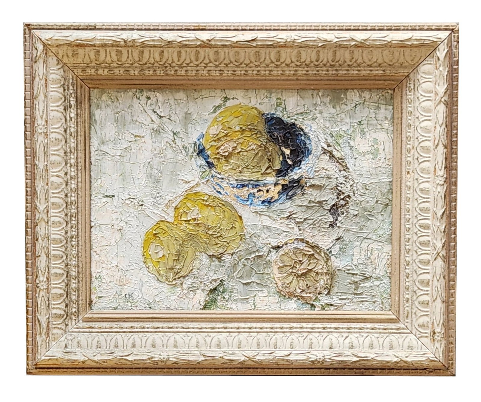 George Speck (20th Century) American: George Speck (20th Century) American Lemons in Blue Bowl Impressionist Oil Painting Oil on Canvas Measure 9"in H x 12"in W and 13 1/4"in H x 16 1/4"in W x 2 1/4"in D with frame