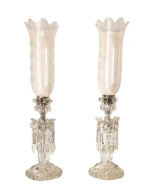 Pair of French Marked Baccarat Crystal Hurricane Candlesticks Circa 1920
