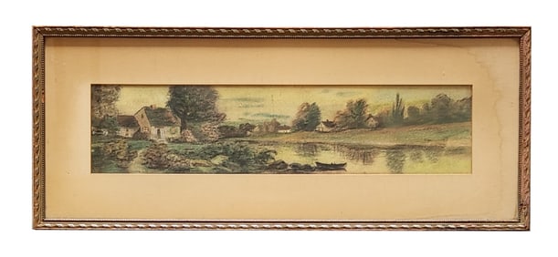 Vintage Cottage on River Landscape Painting