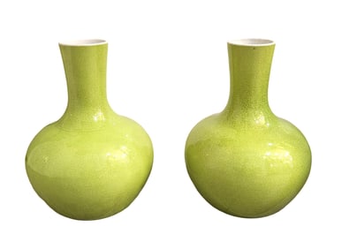 Pair of Chinese Monochrome Lime Green Crackle Glaze Porcelain Vases