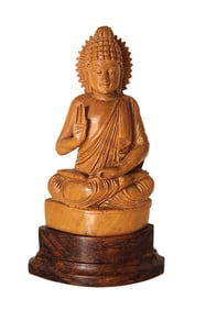 Buddhist Deity Gautam Buddha Wooden Statue Seated on Pedestal