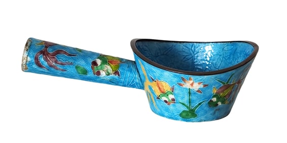 Vintage Chinese Enameled Metal Ladle Tea Scoop Fish and Flowers