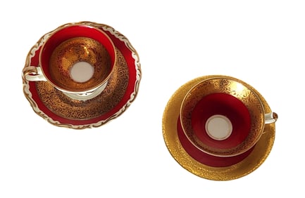Two Wonderful AL-KA Kunst Kronach Bavaria Germany Red and Gilt Cup and Saucer, c. 1940s