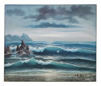 1960s Vintage Swell and Sunrise on the Sea Painting by Baster