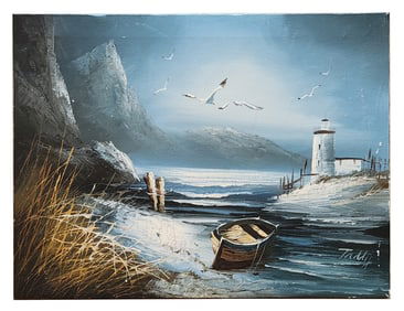 Vintage Coastal LighthouseSeascape Oil Painting Signed Taddy