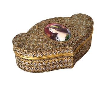 Fine 19th Century French Gilt Bronze Jewelry Box with Enamel Portrait Miniature