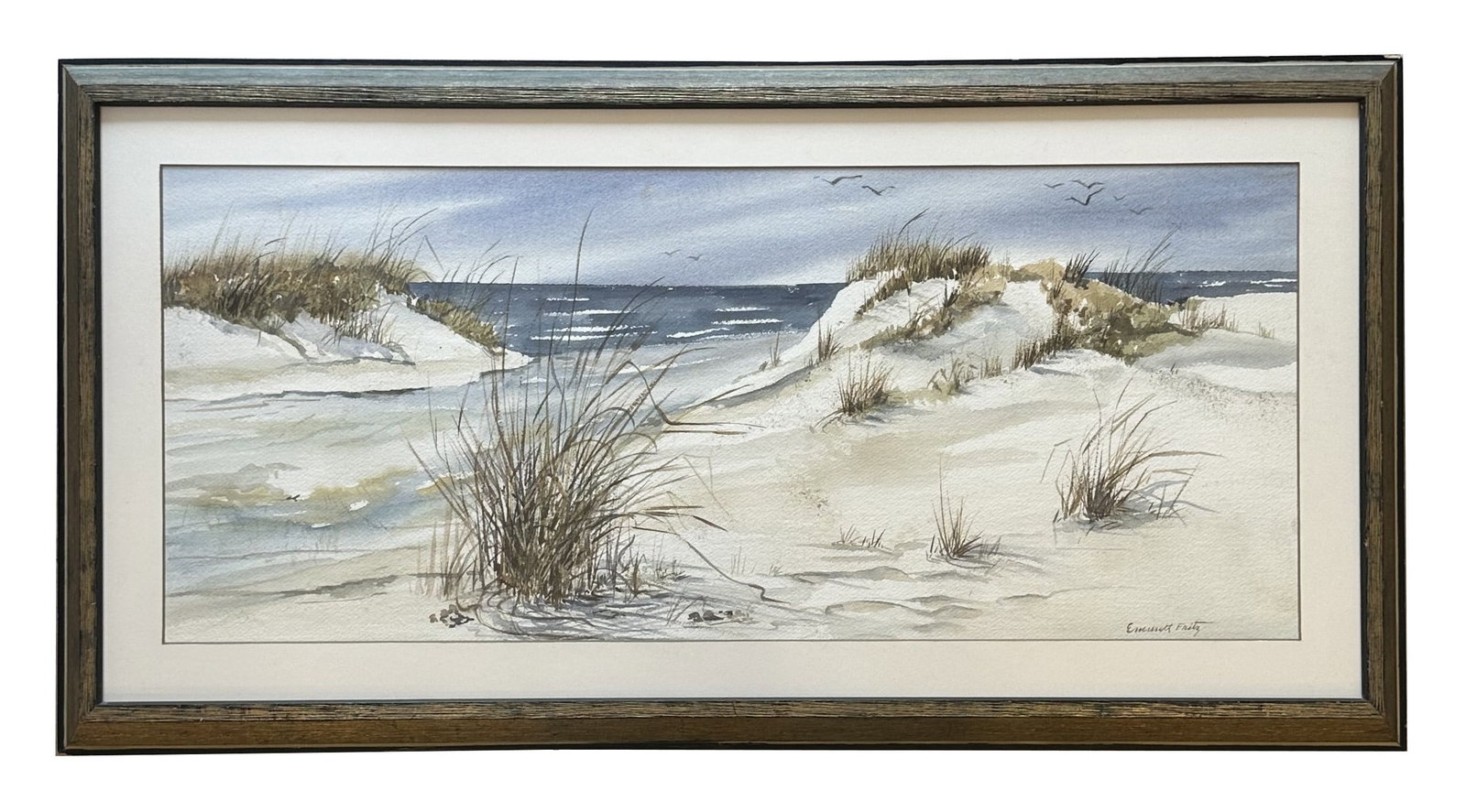 Emmett John Fritz (1917 - 1995) American: Emmett John Fritz (1917 - 1995) American Watercolor on Paper Measure 10"in H x 24 1/4"in W and 15"in H x 29 1/4"in W with frame Known for: Landscape and marine painting, cartoon, caricature Nam