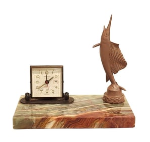 Vintage Desk Scotco Clock with Marlin Sailfish Figure on Marble Base